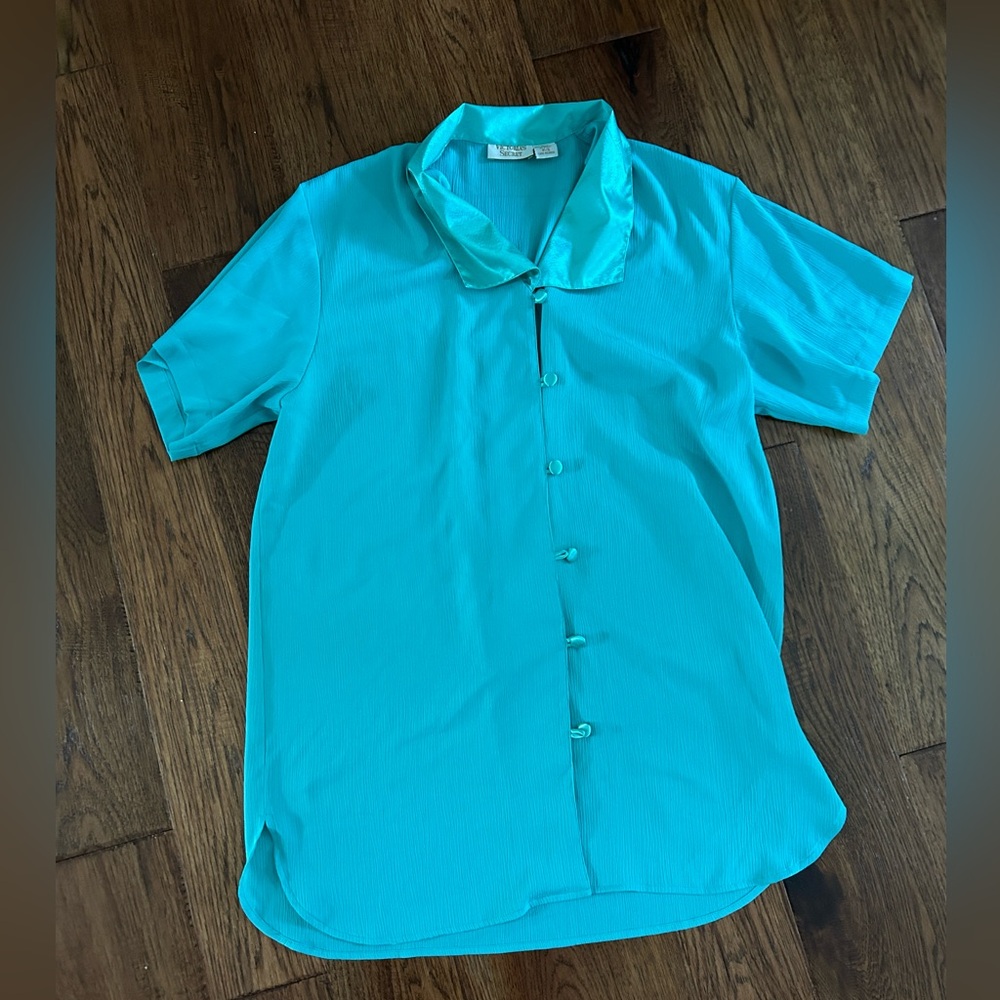 Vintage Victoria's Secret Green Short Sleeve Sleep Shirt Satin Collar Size S